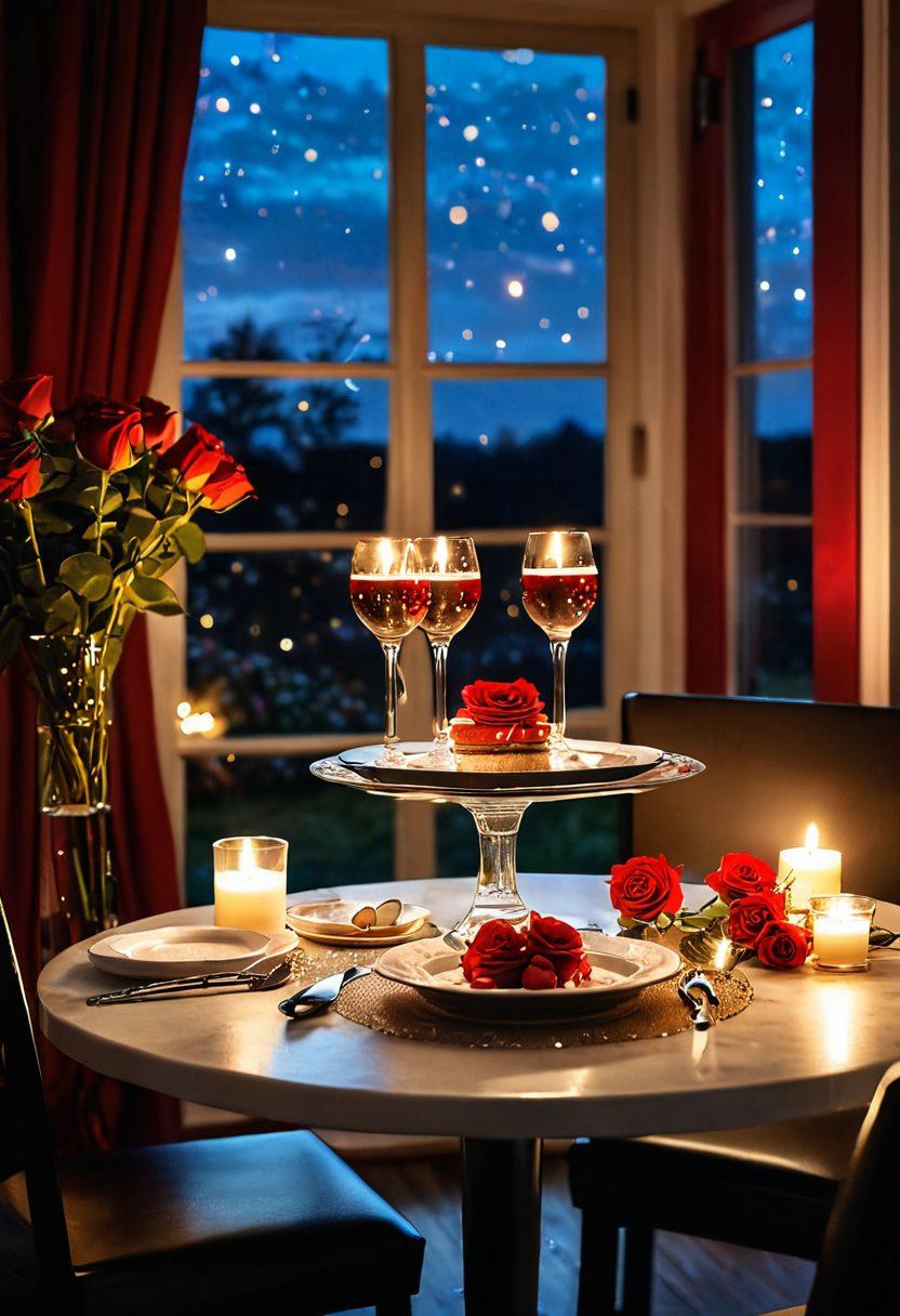A candlelit dinner table set for two, adorned with red roses and soft fairy lights in a cozy, intimate setting. Across the table, two glasses of sparkling wine catch the warm glow, while a heart-shaped dessert waits in the center. The background features a starry night sky visible through a window, enhancing the romantic ambiance. dreamy and romantic atmosphere. soft focus. vibrant colors.