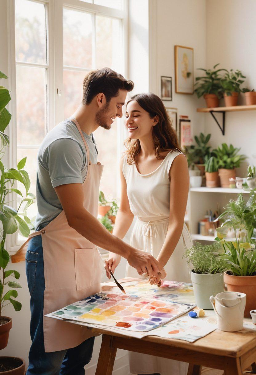 A romantic couple engaged in various creative activities together, such as painting a large canvas, gardening, and cooking. The scene is set in a cozy, sunlit studio filled with art supplies and plants, radiating warmth and intimacy. Soft pastel colors dominate the palette, symbolizing tenderness and love. Their interactions showcase laughter and connection, embodying the journey from flirtation to commitment. watercolor. soft focus. warm tones.