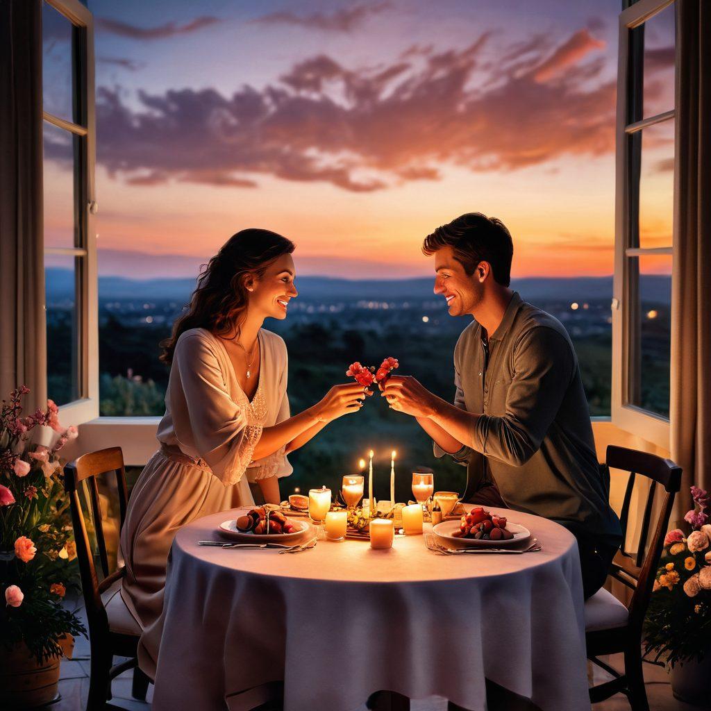 A cozy, candlelit dining table set for two, adorned with flowers and soft fabrics, against the backdrop of a romantic evening sky. In the foreground, a couple sharing a gentle laugh, holding hands, with playful elements like a heart-shaped dessert and a small gifts nearby. Ambient lighting and warm hues create an inviting atmosphere. super-realistic. warm tones. intimate setting.